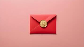 A simple yet striking arrangement of a red envelope hongbao with a gold coin on a smooth background, with ample space for adding a message. photo