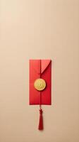 A serene layout with a red envelope hongbao and a gold coin, set on a smooth, uncluttered background, offering plenty of open space for text. photo