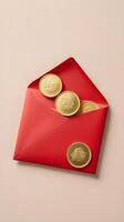 A clean and elegant composition featuring a red envelope hongbao and a gold coin on a simple background, leaving room for a message. photo