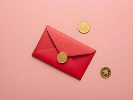 A simple design featuring a red envelope hongbao with a gold coin next to it on a smooth background, with plenty of negative space for a message. photo