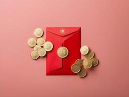 A minimalist design showcasing a red envelope hongbao accompanied by a gold coin, placed on a smooth surface with ample space for text. photo