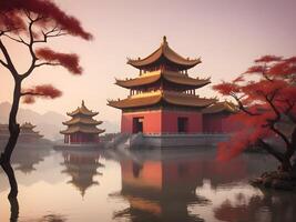 A Chinese temple silhouette against a peaceful sky with subtle gradient tones of red and gold, leaving room in the foreground for a message. photo