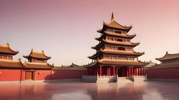 A peaceful silhouette of a Chinese temple with a gentle red and gold gradient sky in the background, leaving room for text in the foreground. photo