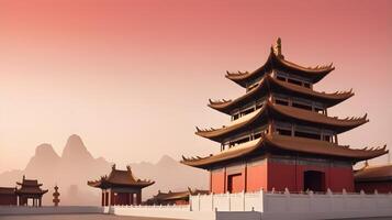 A quiet silhouette of a Chinese temple against a gradient sky of soft red and gold, with space at the bottom for text. photo