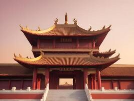 A quiet Chinese temple silhouette in front of a soft gradient sky with red and gold hues, with ample foreground space for text. photo