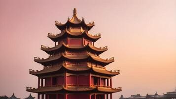 A tranquil silhouette of a Chinese temple set against a soft gradient sky in shades of red and gold, with space in the foreground for text. photo