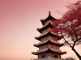 a peaceful silhouette of a Chinese temple against a soft, gradient sky, with gentle tones of red and gold. Leave enough space in the foreground for text. photo