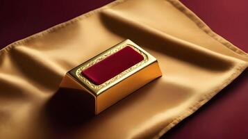 A minimalist scene with a gold ingot carefully placed on a soft velvet surface, surrounded by rich gold and red tones, leaving ample space for text or branding. photo