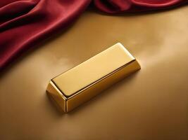 A serene arrangement featuring a single gold ingot resting gently on a velvet surface in luxurious gold and deep red hues, with plenty of room for text or branding. photo