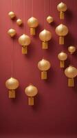 A minimalist pattern of golden lanterns with soft gradients, floating in front of a muted red background, with room for text. photo