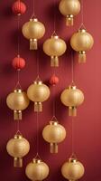 A clean, abstract design with golden lanterns floating in gradients, against a muted red background, providing space for text. photo