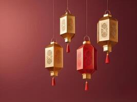 An elegant minimalist composition of golden lanterns floating with subtle gradients, complemented by a soft red background and space for text. photo