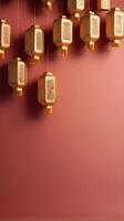Abstract floating golden lanterns in a minimalist style, set on a muted red backdrop, leaving ample space for text. photo