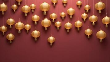Floating golden lanterns in an abstract, minimalist design with soft gradients and a muted red background, perfect for adding text. photo