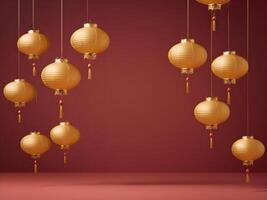 A minimalist pattern of golden lanterns in soft gradients, floating on a subdued red backdrop, leaving room for text. photo