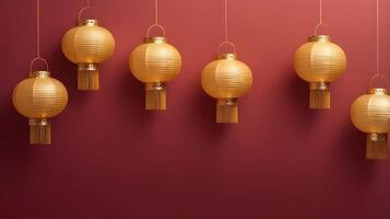 An abstract design featuring floating golden lanterns with gentle gradients, set against a muted red background, with space for text. photo