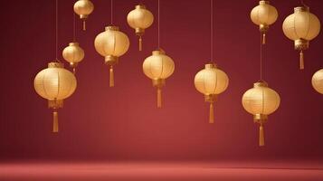 an abstract, minimalist pattern of floating golden lanterns with soft gradients, and a muted red background, allowing space for text. photo