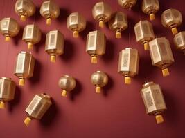 A simple abstract composition of floating golden lanterns with soft gradients, set against a red background, leaving space for text. photo