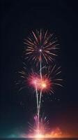 A minimalistic scene of softly glowing firework embers disappearing into the night, with room at the bottom for text or branding. photo