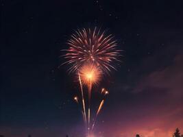 A subtle display of firework embers glowing softly against the night sky, with minimal vibrant colors and space at the bottom for text. photo