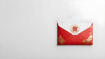 A clean, white surface holds a single red envelope hongbao, with plenty of space in the background for text. photo
