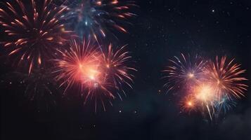 A peaceful backdrop of gently glowing firework embers fading into the night, with soft colors and room at the bottom for text or a logo. photo