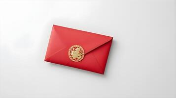 A plain red envelope hongbao lies on a smooth, clean white surface, with a minimalist background perfect for text placement. photo