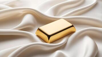 A gold ingot is elegantly placed on a white silk surface, bathed in soft light, providing a serene atmosphere and space for text. photo