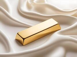 A single gold ingot placed elegantly on a white silk background, with soft light and a peaceful atmosphere, leaving space for text. photo