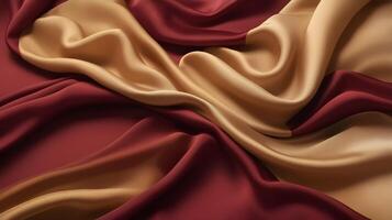 The gentle flow of silk fabric in rich red and gold tones sets a tranquil and minimalist scene, leaving space for text. photo