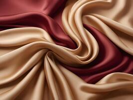 A delicate silk fabric flows gently in deep red and gold tones, creating a calm and minimalist atmosphere with room for text. photo