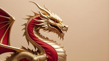 A delicate gold dragon, representing strength and fortune, outlined on a soft red or beige background with room for text. photo