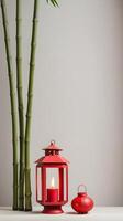 A quiet design with bamboo stalks and a lone red lantern, complemented by a neutral background, allowing for space to add a greeting or message. photo
