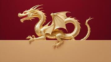 a minimalist gold dragon, symbolizing power and luck, outlined against a soft red or beige background, with plenty of room for text. photo