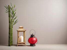 An elegant design of bamboo stalks with a single red lantern, placed on a soft, neutral background, offering room for a brand message or greeting. photo