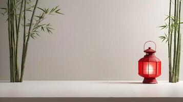 A calming design featuring bamboo stalks and a lone red lantern, placed on a neutral, muted background, allowing space for a greeting or message. photo
