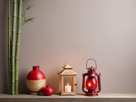A quiet, elegant design featuring a few bamboo stalks and a single red lantern, with a muted, neutral background. Leave room for a greeting or brand message. photo