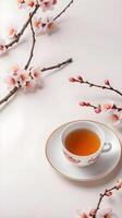 A soft white background with a Chinese tea cup and plum blossoms, providing ample space for adding text or a message. photo