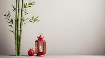A serene design showcasing bamboo stalks and a lone red lantern, set against a soft, neutral background, with space for a greeting or brand message. photo