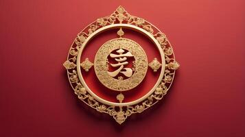 A golden symbol of longevity against a smooth red background, offering plenty of space for text, focusing on grace and serenity. photo