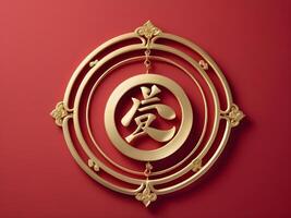 A serene red background with a gold longevity symbol, providing space for text and emphasizing minimalist beauty. photo
