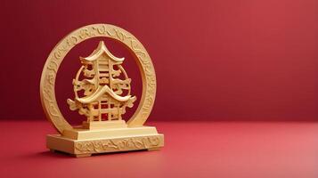 The gold longevity symbol, placed softly on a red background, allows for text placement, embodying elegance and tranquility. photo