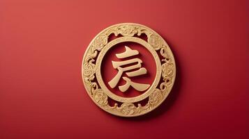 A gold longevity character sits gently on a red backdrop, leaving room for text, offering a peaceful and minimalist aesthetic. photo
