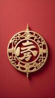 A gold longevity symbol rests on a soft red background, with space for text, creating an elegant and serene design. photo