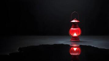 The tranquil glow of a red lantern mirrored on a dark surface, offering space for a message or branding. photo