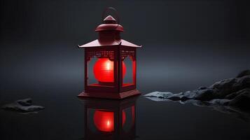 A peaceful red lantern's reflection on a smooth, dark surface, with room for text either above or below. photo