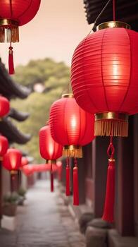 A calming scene with red lanterns floating above, a soft, blurred background offering space to add text. photo