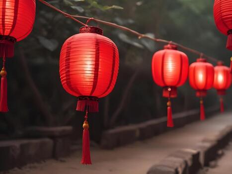 A soothing scene of red lanterns floating in the air, with a blurred background providing space to include text below. photo