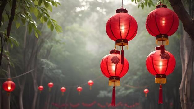 A peaceful atmosphere with a few red lanterns floating in the air, blurred background creating room for text placement. photo