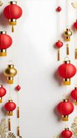A simple red and gold design with small lanterns and gold coins, providing space for text in the center. photo
